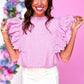 Bright Pink Solid Color Scalloped Ruffle Sleeve Top
