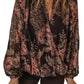 Black Floral Print Criss Cross V Neck Balloon Sleeve Blouse