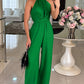 Halter Sleeveless Lace up Jumpsuit Casual Waist Ruched Loose Fit Romper