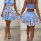 Floral Print Cold Shoulder Spaghetti Strap Skirt Ruched Shirred Hollow out Skirt