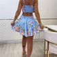 Floral Print Cold Shoulder Spaghetti Strap Skirt Ruched Shirred Hollow out Skirt