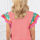 Peach Blossom Contrast Ricrac Floral Sleeve Top
