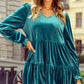 Sea Green Velvet V Neck Peplum Hem Puff Sleeve Blouse