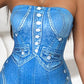 Denim Look Print Bandeau Bodycon Dress