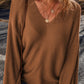 Camel Ribbed Knit Drop Sleeve V Neck Loose Fit Sweater