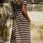 Black Stripe Casual Round Neck T-shirt Maxi Dress with Pockets