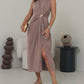 Sleeveless Round Neck Waist Metal Decor Ruched Dress Casual Slit Straight Midi Dress