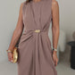 Sleeveless Round Neck Waist Metal Decor Ruched Dress Casual Slit Straight Midi Dress