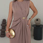 Sleeveless Round Neck Waist Metal Decor Ruched Dress Casual Slit Straight Midi Dress