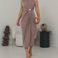 Sleeveless Round Neck Waist Metal Decor Ruched Dress Casual Slit Straight Midi Dress