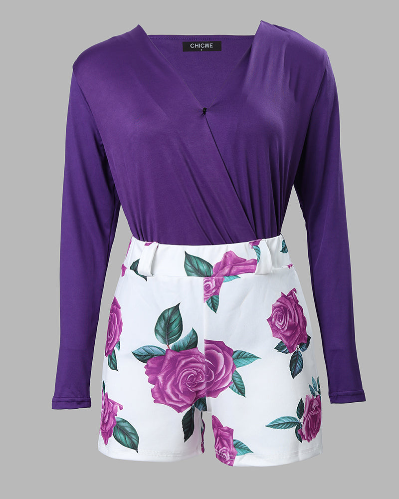 Plain Wrap Top & Floral Print Shorts Set