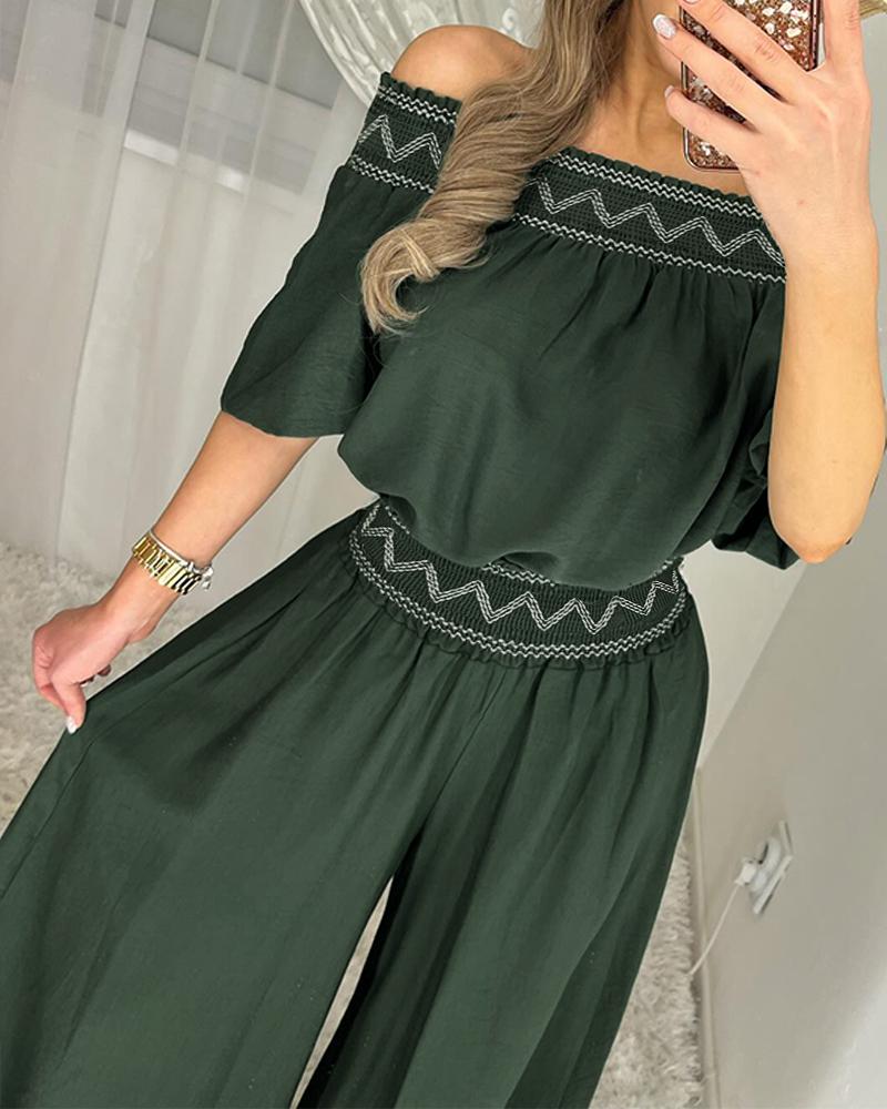 Tribal Pattern Off Shoulder Half Sleeve Top Shirred Wide Leg Pants Vacation Pants Set