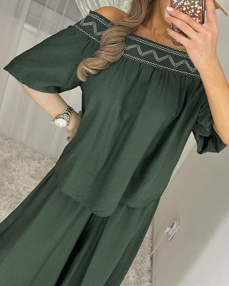 Tribal Pattern Off Shoulder Half Sleeve Top Shirred Wide Leg Pants Vacation Pants Set