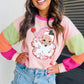 Pink Christmas Santa Claus Graphic Colorblock Patchwork Top
