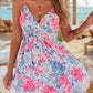 Sky Blue Floral Spaghetti Strap Surplice Neck Shirred Waist Mini Dress