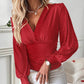 V Neck Eyelet Hollow out Ruched Lantern Sleeve Tee Casual Top