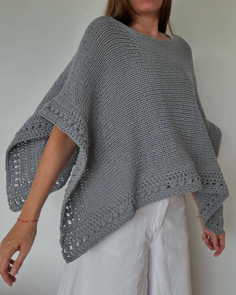 Solid Three Quarters Batwing Sleeve Hollow out Pattern Edges Casual Knit Top