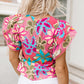 Multicolor Vibrant Floral Print Trimmed Ruffle Sleeve Blouse
