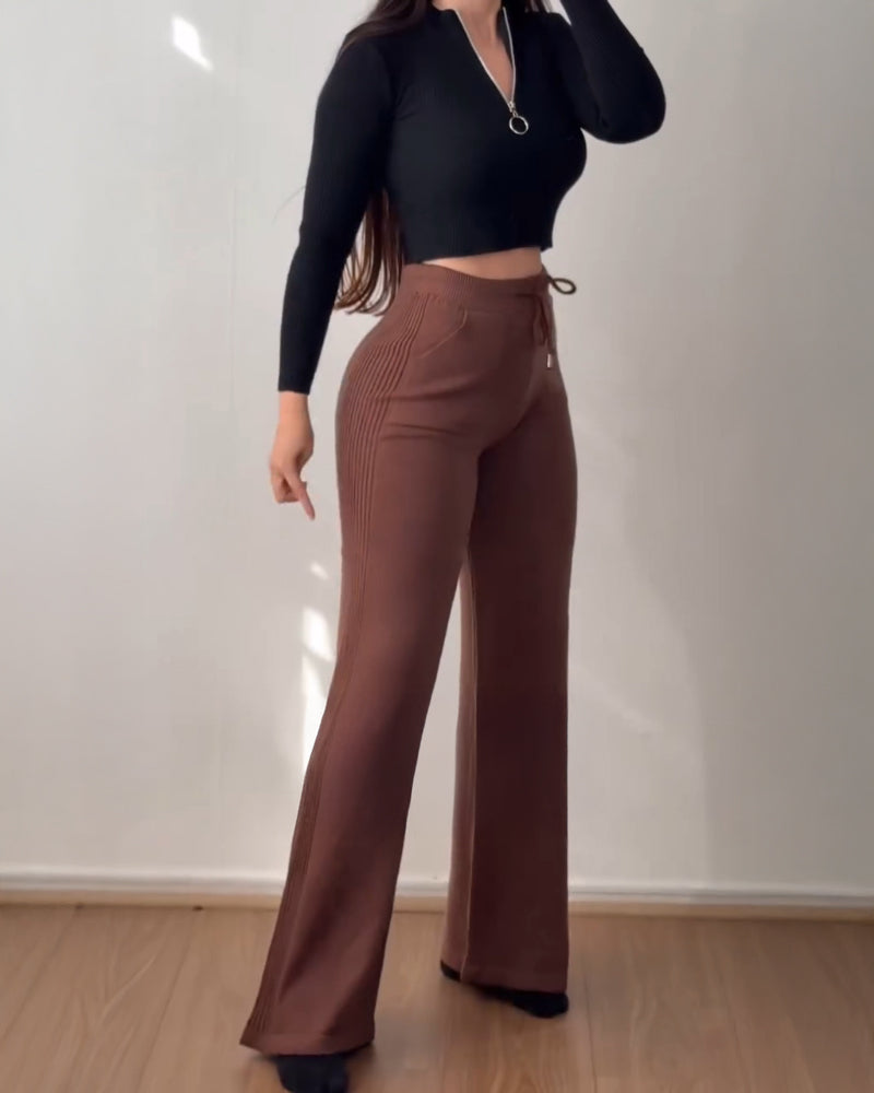 Jacquard Knit Bell Bottom High Waist Elastic Waist Slim Fit Casual Long Pants