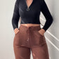 Jacquard Knit Bell Bottom High Waist Elastic Waist Slim Fit Casual Long Pants