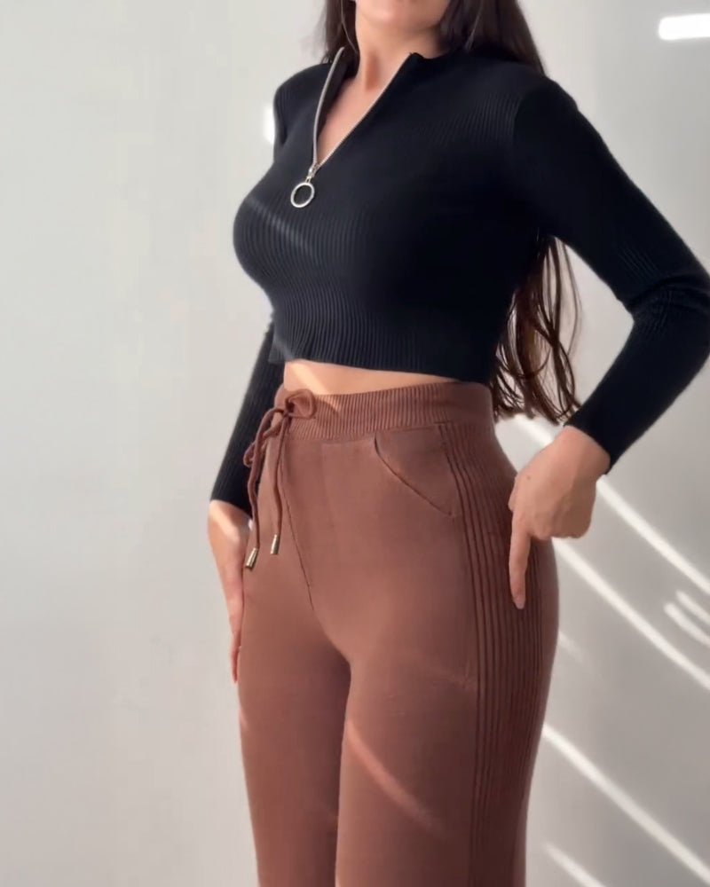 Jacquard Knit Bell Bottom High Waist Elastic Waist Slim Fit Casual Long Pants