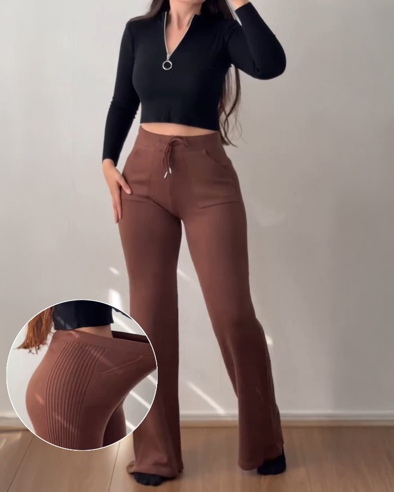 Jacquard Knit Bell Bottom High Waist Elastic Waist Slim Fit Casual Long Pants