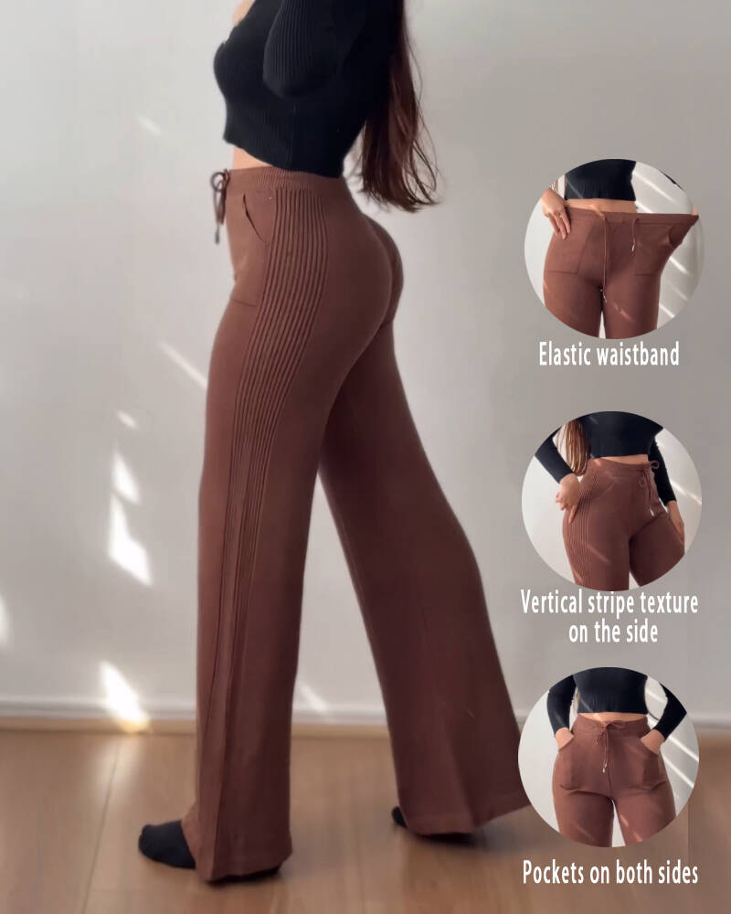 Jacquard Knit Bell Bottom High Waist Elastic Waist Slim Fit Casual Long Pants