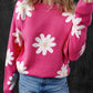 Bright Pink Daisy Flower Crew Neck Long Sleeve Sweater
