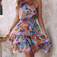 Paisley Print Halter Backless Ruffles Dress