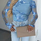 Floral Jacquard Round Neck Casual Mesh Skinny Top