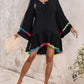 Colorblock V Neck Bell Sleeve A Line Tassel Mini Dress Vacation Dress