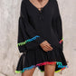Colorblock V Neck Bell Sleeve A Line Tassel Mini Dress Vacation Dress