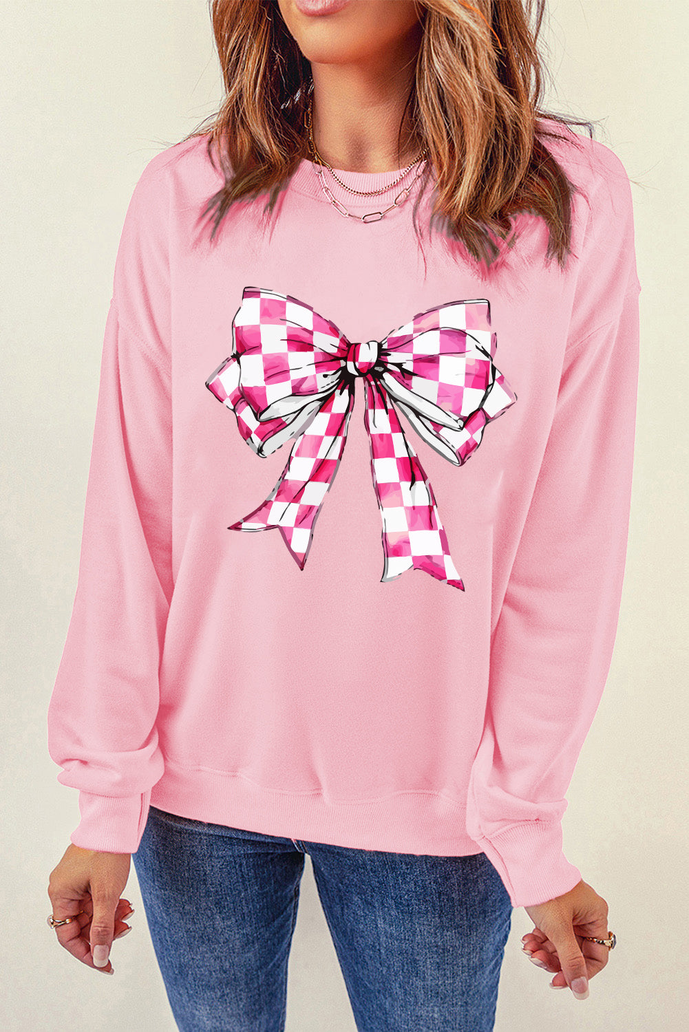 Pink Checkerboard Bow Graphic Round Neck Valentines Sweatshirt