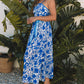 Blue Floral Printed Spaghetti Strap Maxi Dress with Waist Tie