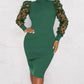 Contrast Mesh Puff Sleeve Ribbed Midi Dress