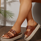 Coffee Dual Buckle PU Leather Braided Platform Slippers