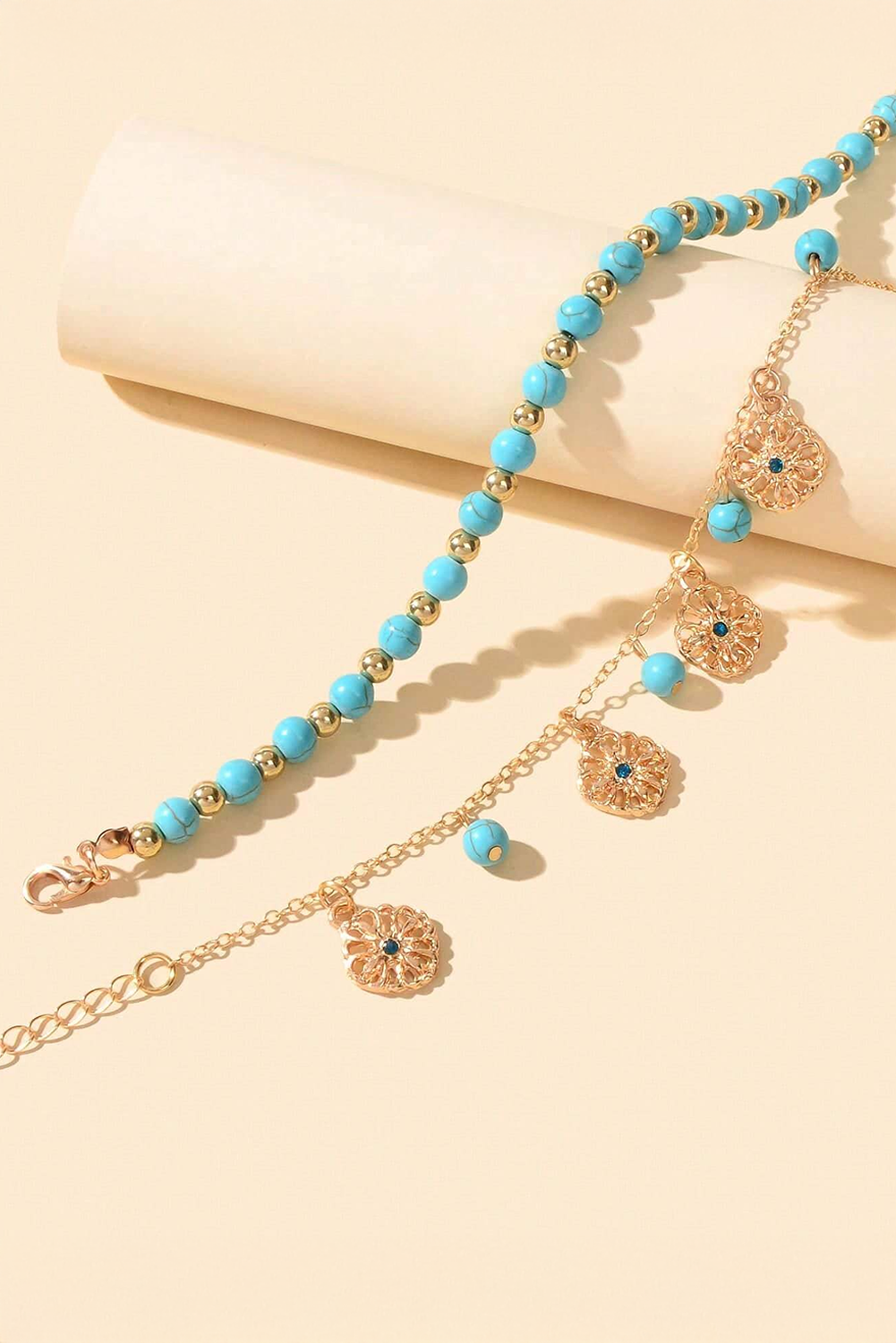 Gold Turquoise Beaded Flower Charm Layered Adjustable Anklet