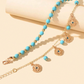 Gold Turquoise Beaded Flower Charm Layered Adjustable Anklet
