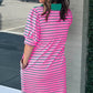 Rose Stripe Collared V Neck Puff Sleeve Shift T Shirt Dress with Pockets