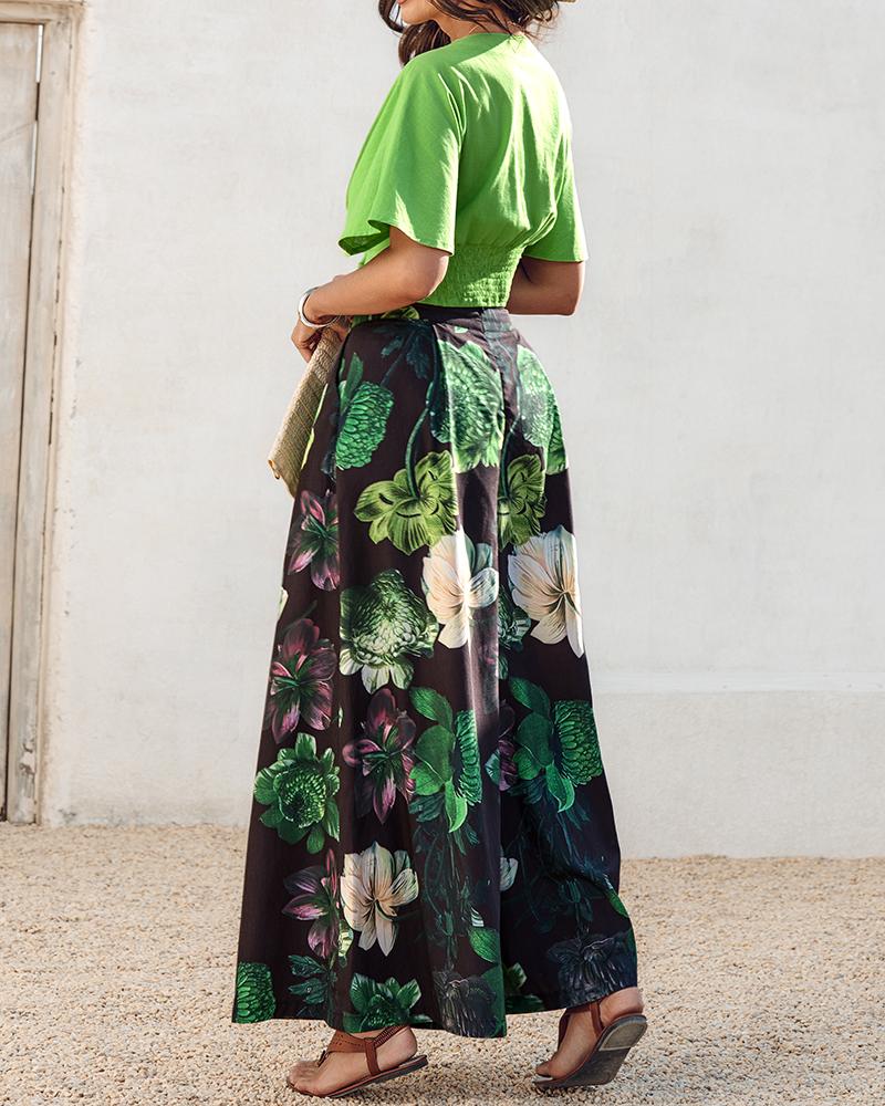 2 Pieces Outfit Plain V Neck Short Sleeve Ruched Top and Casual Floral Print Wide Leg Pants Set