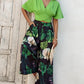 2 Pieces Outfit Plain V Neck Short Sleeve Ruched Top and Casual Floral Print Wide Leg Pants Set