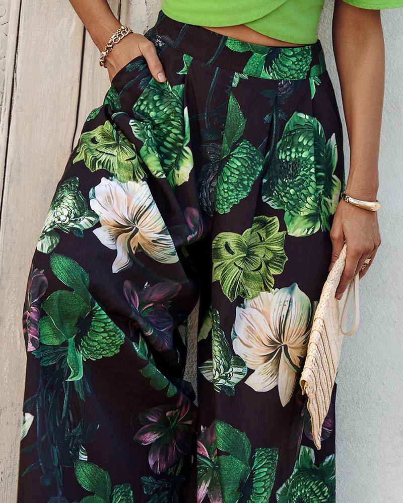 2 Pieces Outfit Plain V Neck Short Sleeve Ruched Top and Casual Floral Print Wide Leg Pants Set