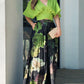 2 Pieces Outfit Plain V Neck Short Sleeve Ruched Top and Casual Floral Print Wide Leg Pants Set