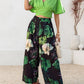 2 Pieces V Neck Short Sleeve Ruched Top and Floral Print Pocket Design Wide Leg Pants Sets