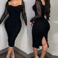 Long Sleeve Low Cut Slit Bodycon Lace Dress