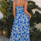 Blue Floral Printed Spaghetti Strap Maxi Dress with Waist Tie