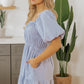 Sky Blue Stripe Bubble Sleeve Square Neck Ruched Pocketed Babydoll Dress