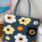 Dark Grey Flower Print Canvas Zipper Large Tote Bag