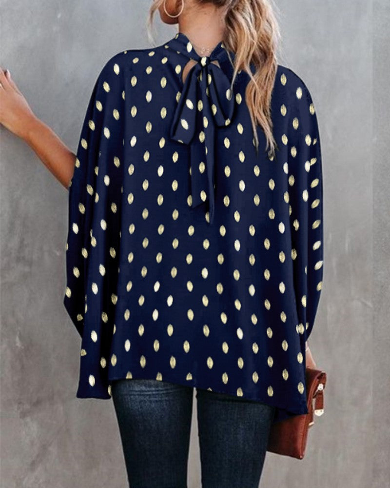 Polka Dot Stand Collar Batwing Sleeve Blouse Casual Back Tied Detail Top
