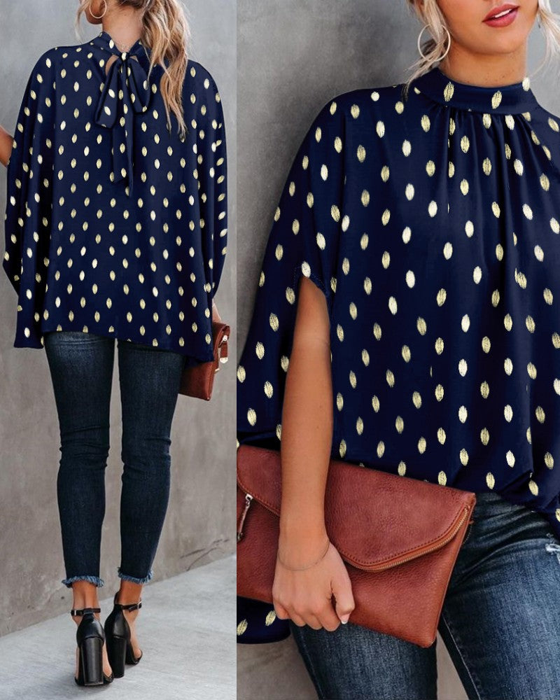 Polka Dot Stand Collar Batwing Sleeve Blouse Casual Back Tied Detail Top